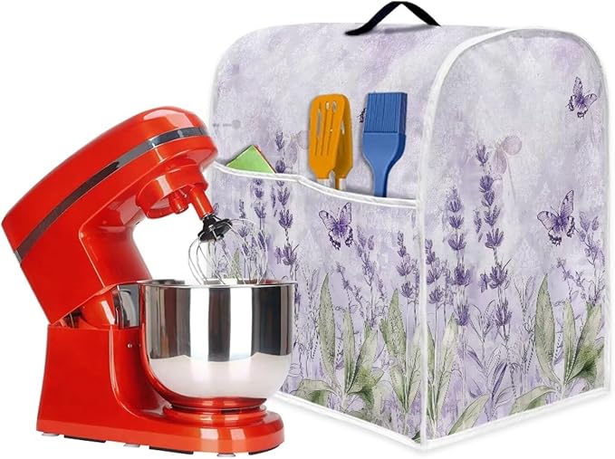 Boho Flower Dragonfly Kitchen Stand Mixer Cover for 4.5-5 Quart Blenders with Carry Handle & Pockets Stain-Resistant Polyester Small Kitchen Appliance Protector Cover for Countertops