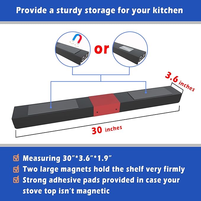 STUTOV 30" Magnetic Stove Top Shelf – Black Spice Rack with Red HOME Design – Seasoning Organizer for Back of Stove – Over Stove and Kitchen Storage Shelf