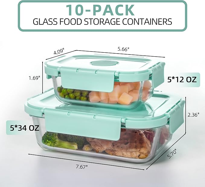 10 Pack Glass Meal Prep Containers, Airtight Food Storage Containers with Lids, Glass Containers for Lunch Built in Air Vents, Dishwasher Safe, Mint Green