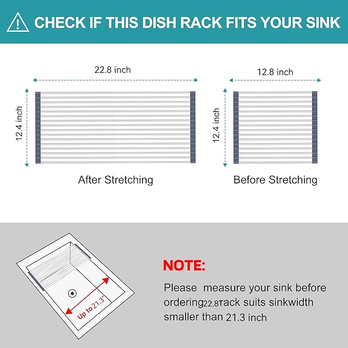 BBXTYLY Extra Large Expandable Roll Up Dish Drying Rack,Over The Sink Drying Rack Sink Cover Kitchen Sink Accessories Kitchen Rolling up Stainless Steel Drainer, Foldable,Rollable（Gray，22.8''-12.4''）