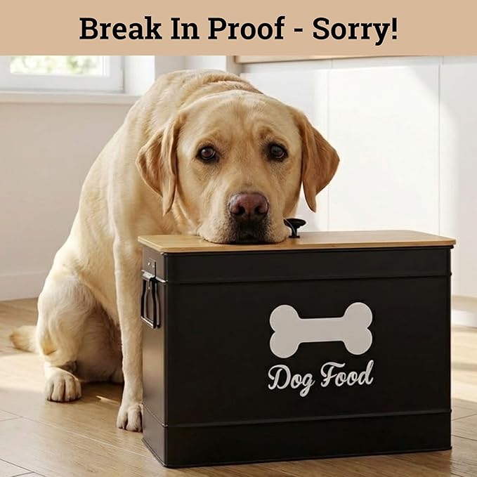 Dog Food Container Airtight 15-20 lb (70 Cup) Capacity with Metal Scoop - Cute Airtight Dog Food Storage Container with Bamboo Lid - Black Metal Kibble Storage Bin for Dogs up to 100 lbs - Big Pet Jar
