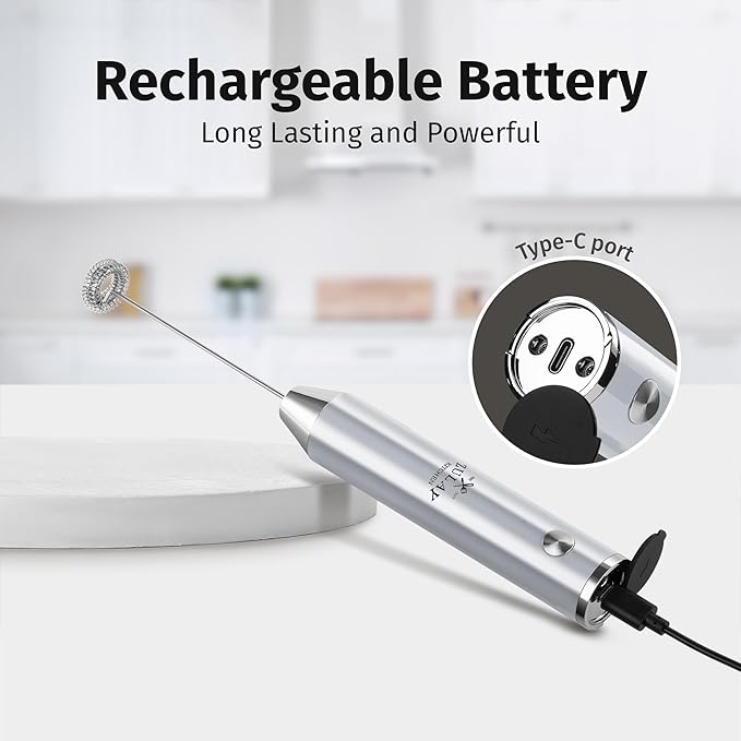 Zulay Kitchen Rechargeable Milk Frother Handheld - Frother Wand, Drink Mixer, Electric Whisk Frother, for Cappuccinos, Matcha & Protein Powder - Lux 4 Whisk 2 Speed Waterproof 2000mAh Silver