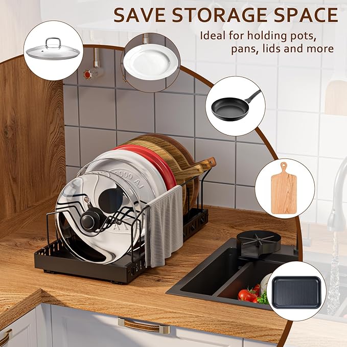 Pull-Out Pots and Pans Organizer, 2 Pack Under Cabinet Pot Lid Holder, Slide Lid Organizers Inside Cabinet, Pot Lid Organizer with 8 Adjustable Dividers & Handle Bracket - Black