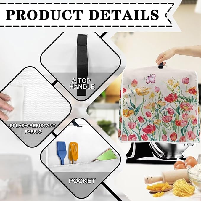 Floral Mixer Dust Cover | Waterproof & Machine Washable Protector with Handle & Pocket | Compatible with 4.5-5 Quart Stand Mixers