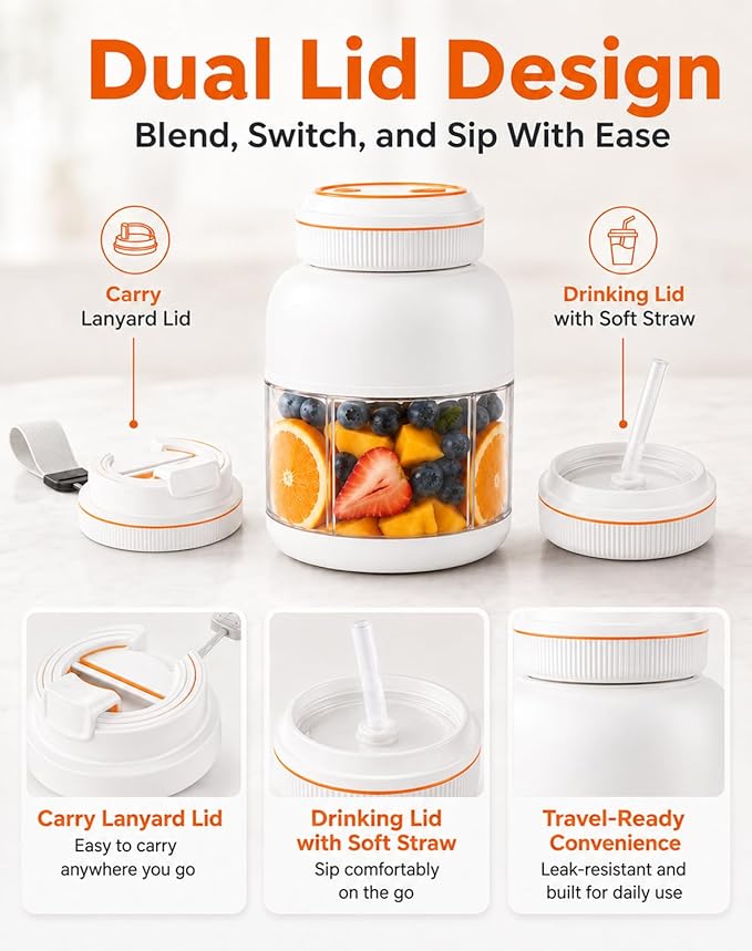 Portable Blender 44oz, Wireless Juicer Cup for Shakes and Smoothies, Personal Size Blender with Dual Lid & Leakproof Handle, Compact Travel Drinking Cup for Gym, Office, Kitchen, Outdoor (White 44oz)