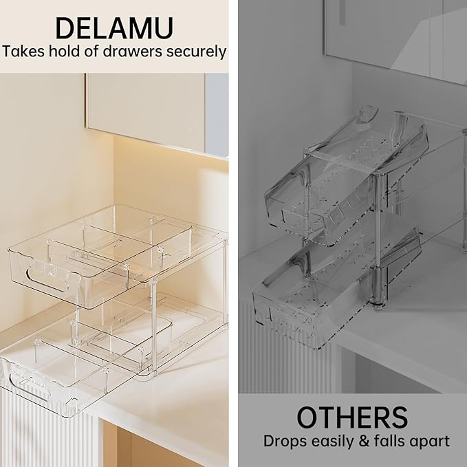 Delamu 2 Tier Under Sink Organizer Bathroom, Bathroom Cabinet Organizer with Snap-Lock Design and Hooks, Pull Out Storage with Movable Dividers, for Countertop, Kitchen and Pantry (Clear, 4 Pack)