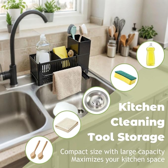 Kitchen Sink Sponge Holder - Plastic Sink Caddy Organizer with 360° Rotating Drain Spout & Tall Brush Holder, Rustproof Dish Soap Countertop Tray, Black