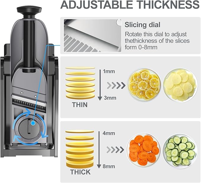 Safe Mandoline Slicer for Kitchen, Potato Slicer, Potato Slicer for Chips, Vegetable & Food Cutter,Thickness Adjustable 0.1-8 mm，Cleaning Brush (only Slice, Black Knight)