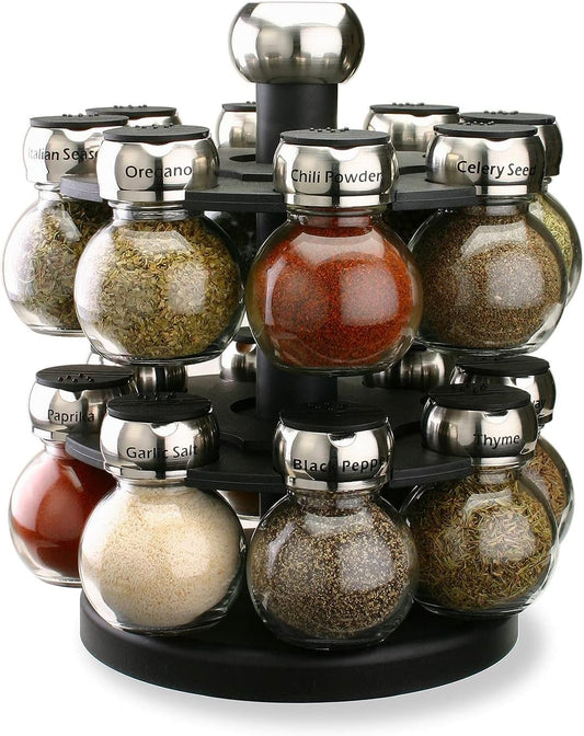 Orbit Rotating Rack, 16 Refillable Spice Jars, Labeled Shaker Tops, 45, Black, Clear