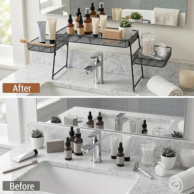 MyGift Over the Sink Shelf Black Metal Organizer Rack, 3 Tiered Bathroom or Kitchen Sink Storage Display Caddy