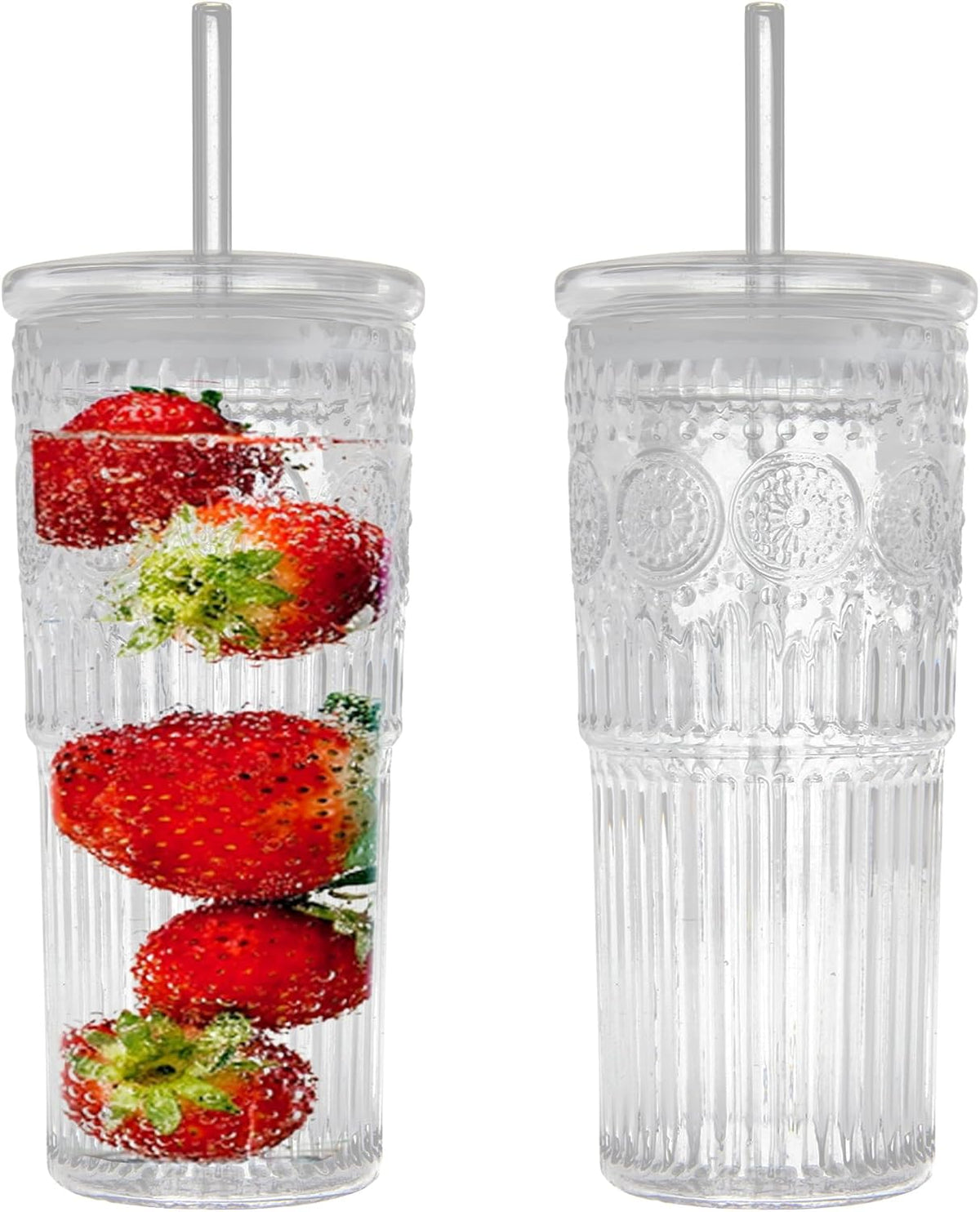 All Glass Iced Coffee Cup With Lids and Straws，24 OZ High Borosilicate Glass Tumbler for Water Smoothie Juice Drinks