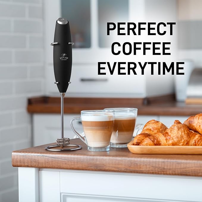 Zulay Kitchen Powerful Milk Frother Wand With Duracell Batteries - Ultra Fast Handheld Drink Mixer - Electric Whisk Foam Maker for Coffee, Lattes, Cappuccino & Matcha - Double Whisk - Alpha Black