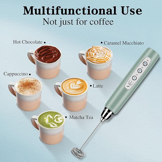 BSRGMS Milk Frother Handheld with Stand, Electric Whisk 3 Speed Adjustable, Drink Mixer with Stainless 3 Whisk, Rechargeable Hand Frother Wand, Foam Maker for Latte Cappuccino Matcha Egg Morandi Green