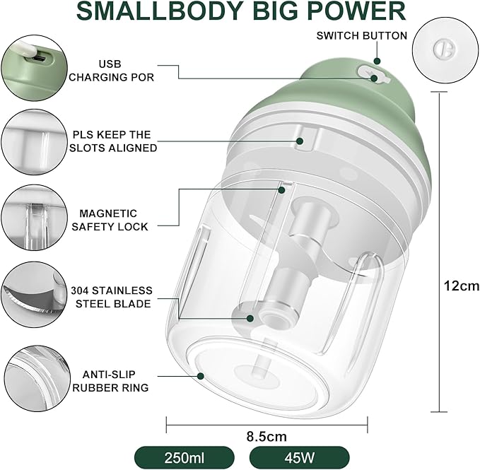 Electric Garlic Chopper, 250ML Garlic Mincer with Egg Beater, Mini Portable Vegetable Chopper, Onion Grinder Masher, USB Small Food Processor for Veggie, Garlic, Ginger, Chili(Green)