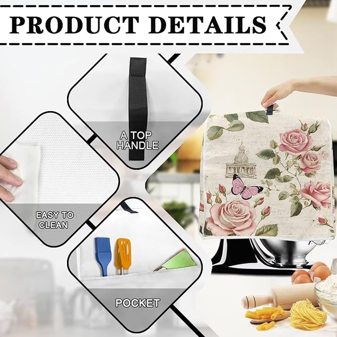 Pink Floral Butterfly Stand Mixer Cover Compatible with 4.5-5 Qt Blenders Machine Washable Kitchen Mixer Covers with Top Handle and Pockets for Counter Decor Housewarming Gifts