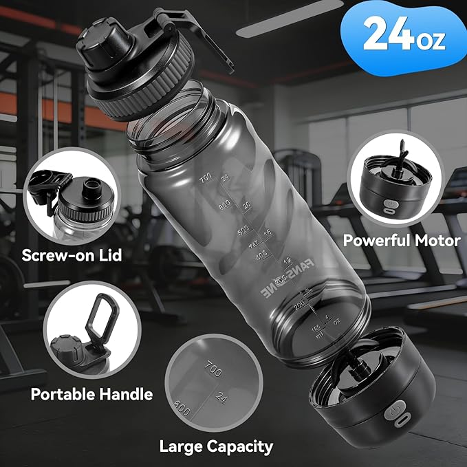FANS-ONE Electric Protein Shaker Bottle, 24 oz USB C Rechargeable Electric Mixer, Shaker Cups for Protein Shakes and Meal Replacements, Portable Blender Self Mixing Cup for Gym Workout, Black