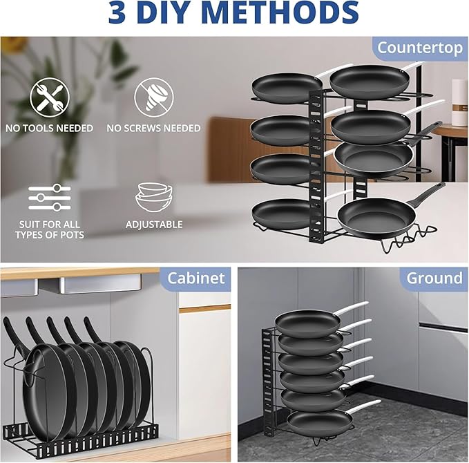 COCIVIVRE Pot and Pan Organizer, 8 Tiers Pot Lid Organizer, Adjustable Pots and Pans Organizer Under Cabinet with 3 DIY Methods for Kitchen Cabinet Cookware Organizers and Storage