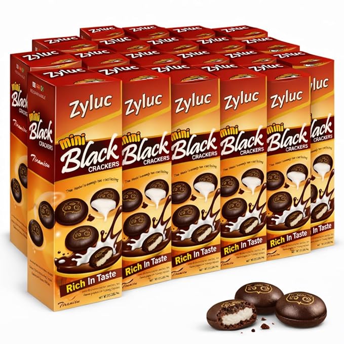 Zyluc Mini Black Crackers – Tiramisu Flavored Snack with Coffee Cocoa Blend – 35g Portable Pack – Light Crunch, Halal Certified, Made with Non-GMO Ingredients – Product of Indonesia – Pack of 20