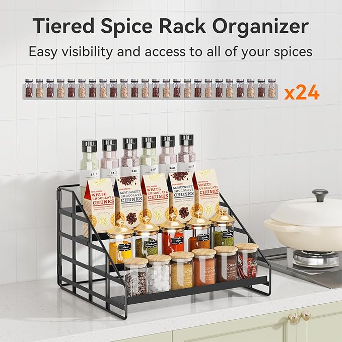 Bunoxea Spice Rack 4 Tier Kitchen Cabinet Organizer,Countertop Spice Rack,Tier Depth Adjustable Cabinet Shelf,Step Spice Organization Easy Visibility,Holds Seasoning and Condiments