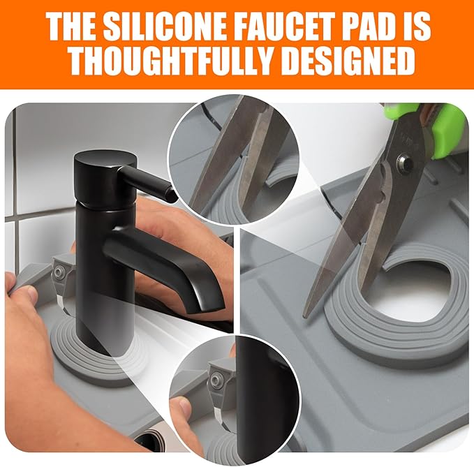 17.7" Silicone Faucet Mat for Kitchen Sink,7° Draining Mat with Snap Button Lock,Faucet Splash Guard and Sink Counter Organizer,Trim-to-Fit Kitchen Faucet Protector for Sponge Brush Cup