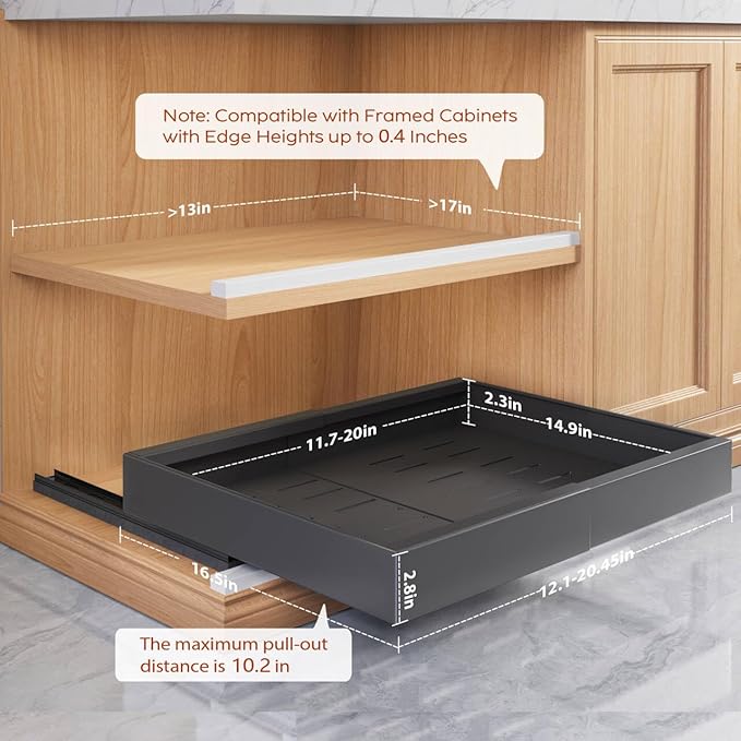 Seinloes 2 Pack Pull Out Cabinet Organizers 16.5" Deep With Raising Pad for Framed Cabinets,Expandable Slide Out Drawers Upgrade 3 Slide Rails,Roll Out Shelves,Adjustable Width 12.1"-20.45" Black