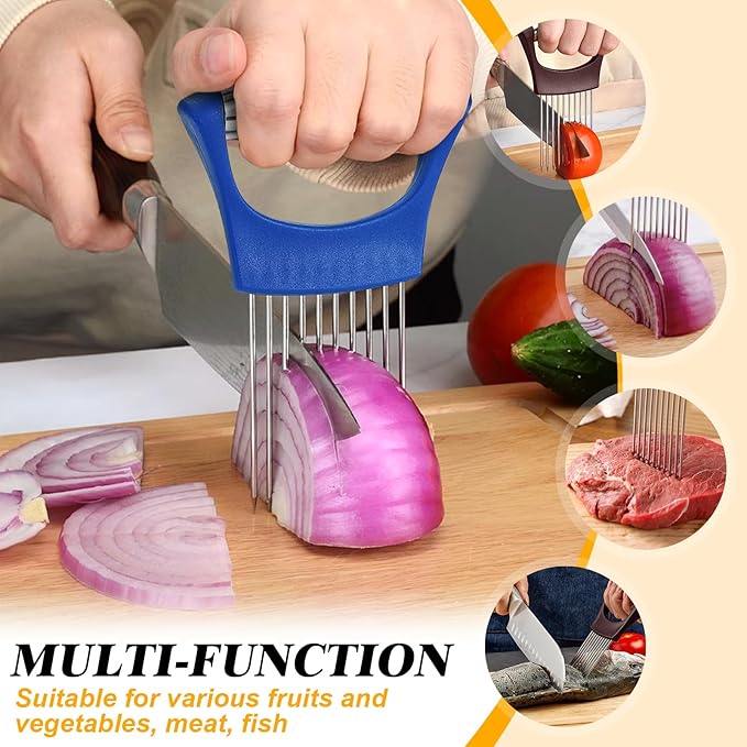 Stainless Steel Onion Holder for Slicing,Onion Slicer Holder, Onion Cutter for Slicing of Onions, Tomatoes,Avocados,Eggs and Other Vegetables, Kitchen Utensils Gift (Blue)