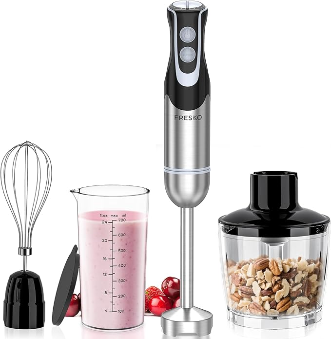 FRESKO Immersion Blender Handheld, Stainless Steel Hand Electric Stick Mixer with 12-Speeds & Turbo Mode, Powerful 500W Emulsion Blender with Beaker, Chopper & Whisk for Smoothie, Puree, Baby Food
