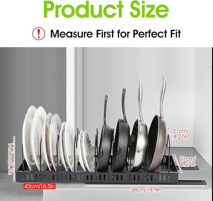 2 Pack Pull-Out Pots and Pans Organizer Under Cabinet, Slide-Out Pot Lid Holder with 8 Adjustable Dividers, No-Drill Adhesive Kitchen Cabinet Storage Rack (Black)