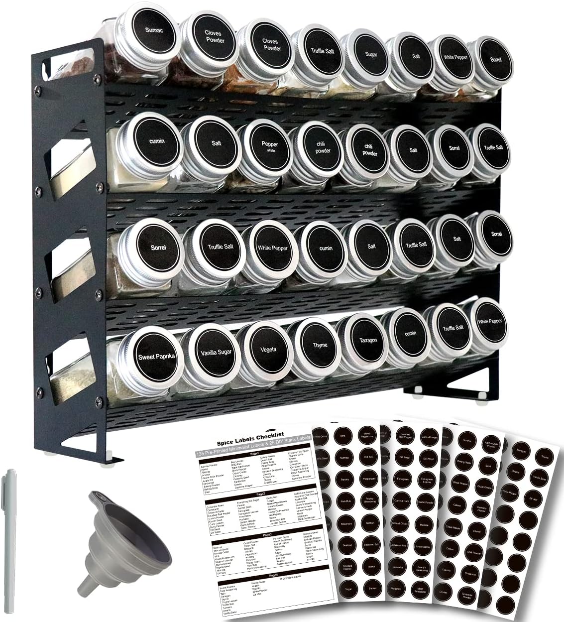 4 Tier Spice Rack Organizer with 32 Square Spice Jars and 160 Spice Labels Set for Kitchen Cabinet Countertop Pantry or Wall Mount, Matte Black