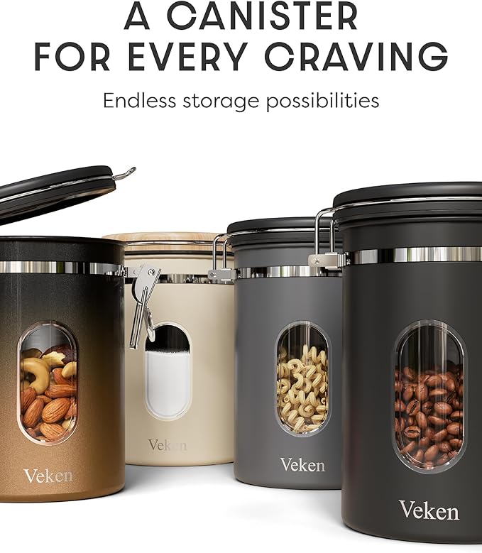 Veken Coffee Sugar Canister with Window, Gifts For Women,Airtight Stainless Steel Home Kitchen Food Storage Container Gift, Date Tracker & Scoop for Coffee Grounds, Beans,Tea,Flour,Cereal, 22OZ, Cream