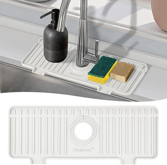 Kitchen Sink Splash Guard, Silicone Faucet Guard & Draining Mat, White
