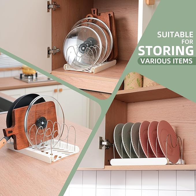 Pot Lids Organizer Rack,7 Adjustable Compartmentsfor Cabinet and Countertop,Kitchen Cabinet Organizer for Pots, Pans, Cake Molds, Cutting Boards, Mats, Cookware,Lids & Bakeware,Apricot