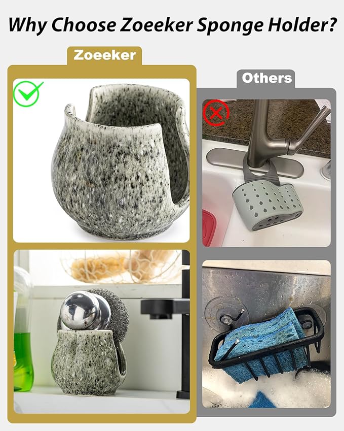 Zoeeker Ceramic Sponge Holder, Kitchen Sponge Holder Sink Caddy Organizer Dish Rack for Kitchen Sink Suction, Bathroom, Brush, Special Gray