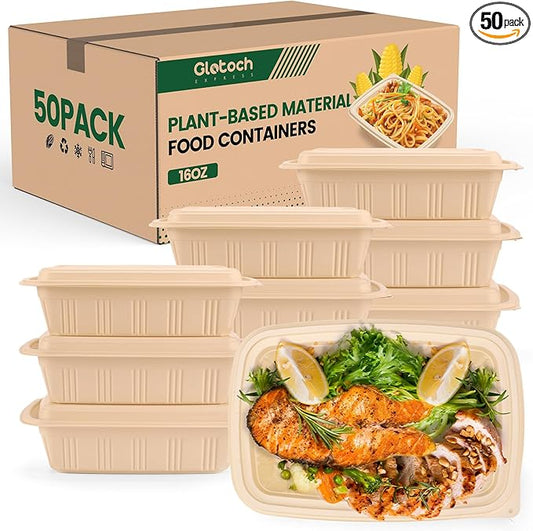 100 Piece (50 Pack) Meal Prep Containers with Lids, 16 oz Cornstarch Small Food Storage Containers Plant-based Lunch Box for Salad, BPA Free Plastic Disposable Take Out Boxes Microwave & Freezer Safe