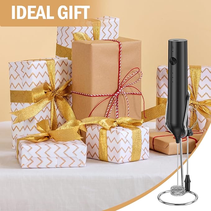 Rechargeable Milk Frother Handheld, Electric Whisk with 3 Speeds, Hand Drink Mixer with 2 Heads, Portable Coffee Frother Wand Handheld for Coffee, Lattes, Cappuccino, Eggs (Black)
