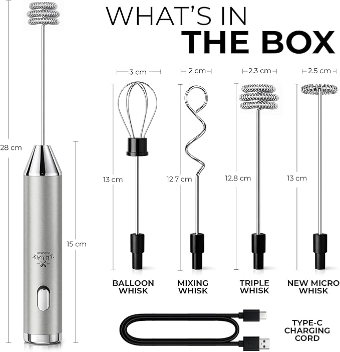 Zulay Kitchen Rechargeable Milk Frother Handheld - Frother Wand, Drink Mixer, Electric Whisk Frother, for Cappuccinos, Matcha & Protein Powder - Ultra Metal 3 Whisk, 1800mAh Silver
