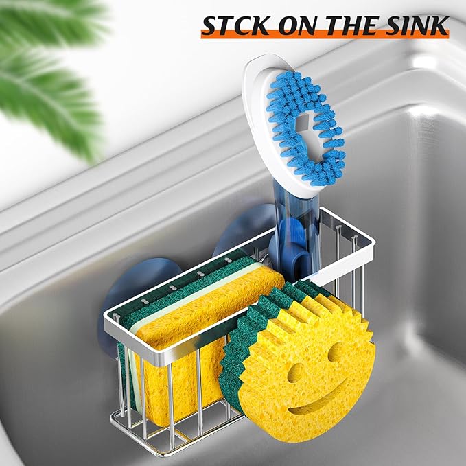 MURLONG Sponge Holder Smiley Face,Sink Caddy for Kitchen Sink,Sponge Holder with 2 PCS Suction Cups/1 PCS Adhesive Strips,Designed for Sponge,Soap,Dish Brush,Scrubber-Silver