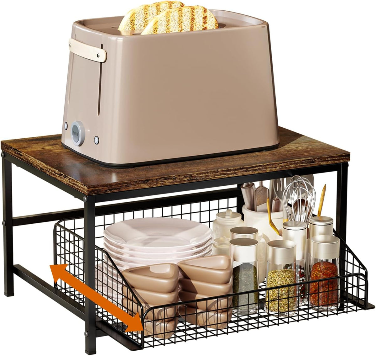 Pull Out Spice Rack Organizer for Cabinet,Rustic Wood Top with Wire Basket Storage,Kitchen Countertop Organizer and Storage for Pantry, Counter top,Coffee Station Wood. (Brown)