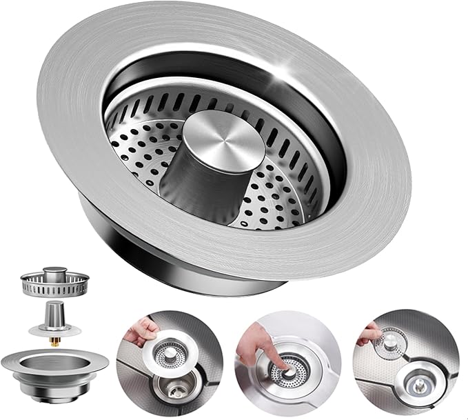 3-in-1 Kitchen Sink Drain Strainer - Pop Up Sink Stopper, Stainless Steel Sink Drain Strainer, Kitchen Sink Stopper & Drain Plug with Anti-Clogging Basket,Sink Strainer Fits US Standard 3-1/2'' Drains