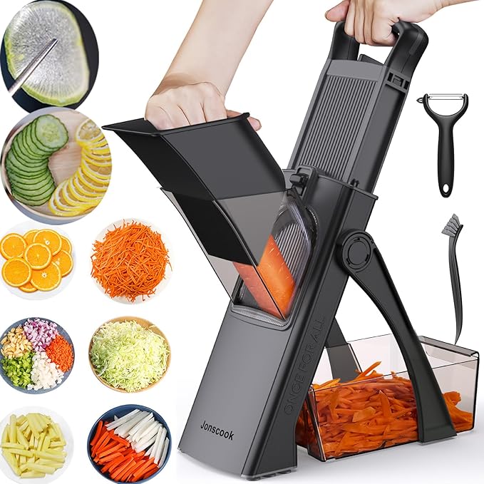 Jonscook All-in-1 Update Safe Mandoline Slicer for Kitchen, Food Chopper with Container, Thickness Adjustable Vegetable Chopper, Potato French Fry Cutter Tomato Apple Slicer Onion (BlackKnight)