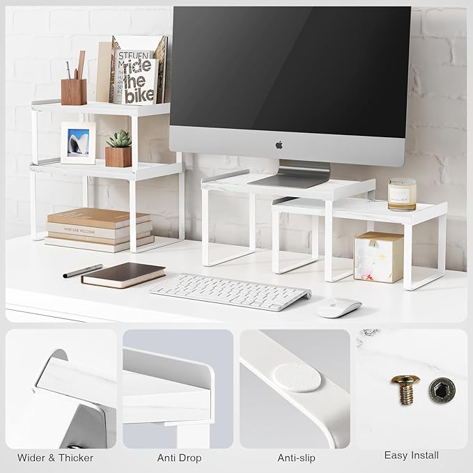 Goozii Counter Shelf Organizer Set of 4, Pantry Shelf Risers for Plates Dishes Cups Mugs Spices, Pantry Cupboard Cabinet Organizers and Storage Shelves Rack Insert for Countertop (White)