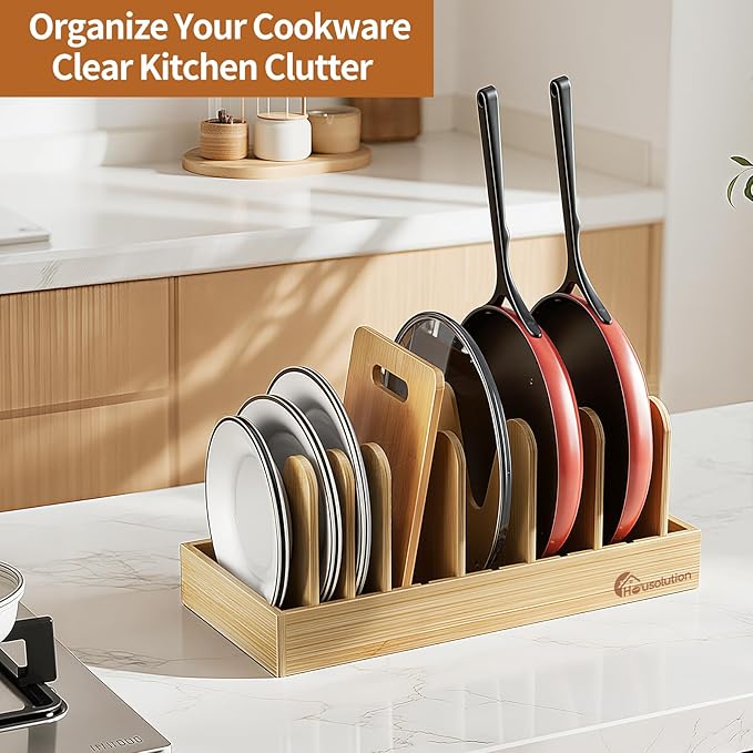 Housolution Bamboo Pot and Pan Organizer for Cabinet, Pot Lid Organizer with 7 Adjustable Dividers, Pan Holder Storage Rack with Solid Bamboo Wooden Base