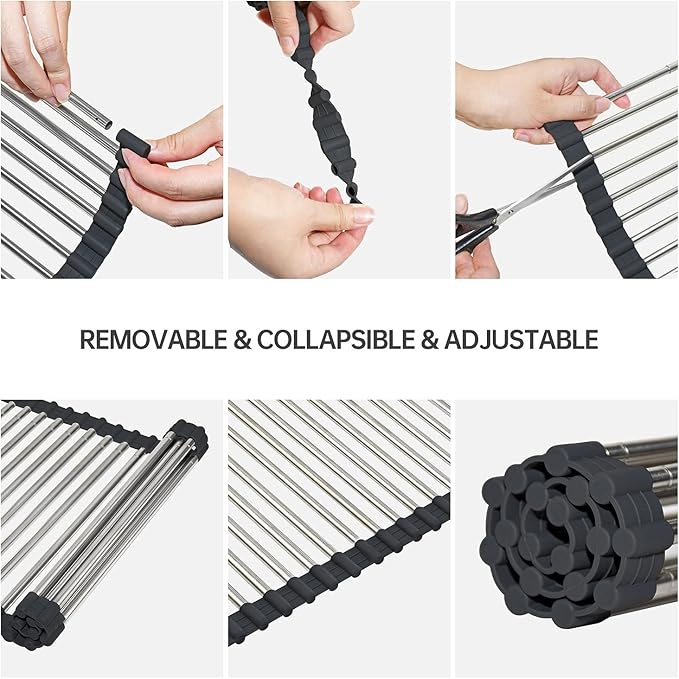 Expandable Roll Up Dish Drying Rack Over The Sink Rack, Large Dish Drainer Rack for Stainless Steel Sinks, Non-Slip Silicone Collapsible Rack 18 Tube for Kitchen,Sliver