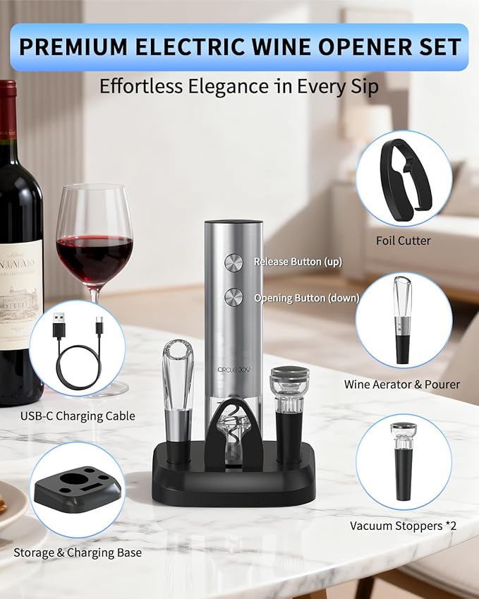 CIRCLE JOY Electric Wine Opener Stainless Steel Rechargeable Automatic Wine Bottle Opener Set 7-in-1 Wine Gifts for Wine Lovers with Charging Base, Foil Cutter, Wine Aerator Pourer & 2 Vacuum Stoppers