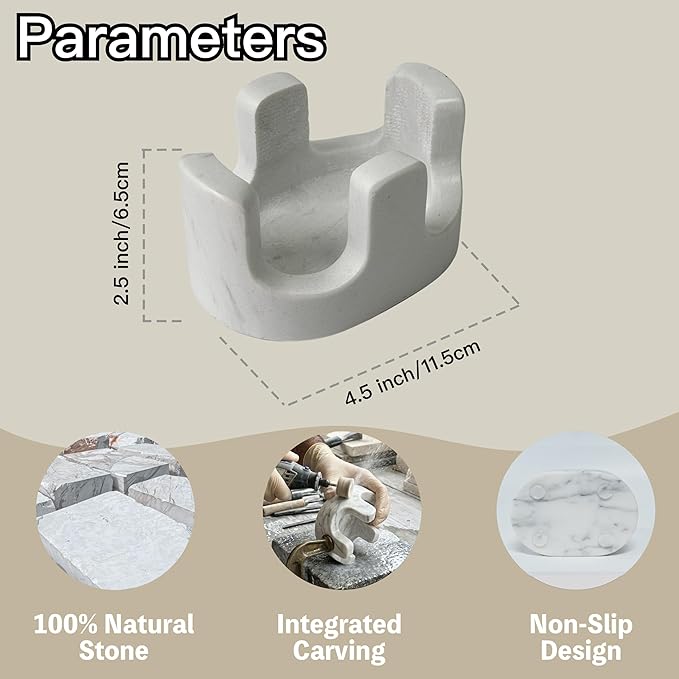 White Marble Sponge Holder for Kitchen Sink, 2-in-1 Sponge & Brush Holder with Raised Edge, 2 Slot Natural Stone Sink Caddy for Countertop, Keeps Countertops Dry, Non-Slip Base, Modern Kitchen Decor