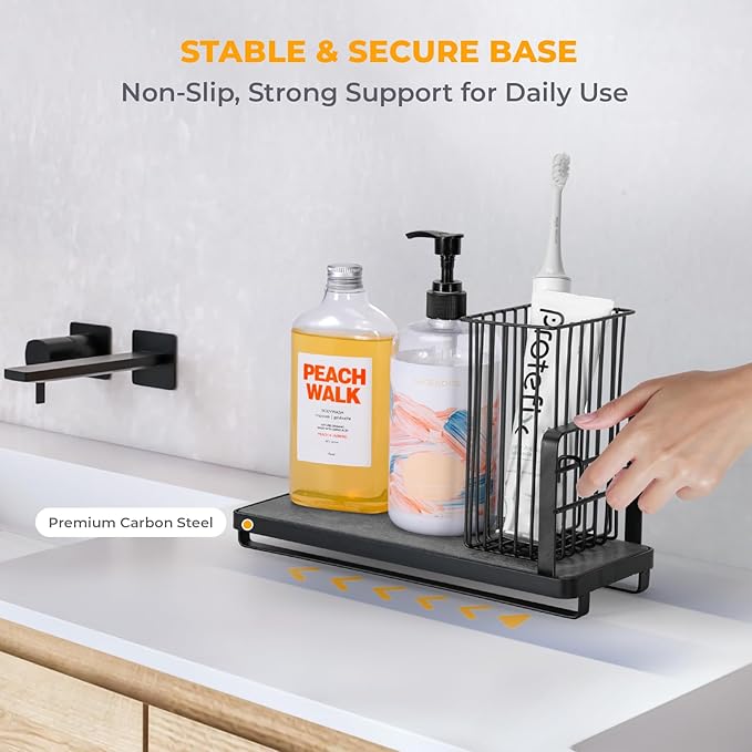 KONE Kitchen Sink Caddy: Sponge Holder for Kitchen Sink Counter with Instant Drying Stone and High Brush Holder, Rustproof Stainless Steel Sponge Holder for Sponges, Scrubbers, Soap (Black)