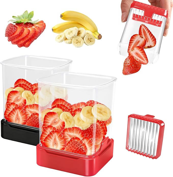 2 Pack Fruit Slicer Cup for Strawberry, Banana, Hard-Boiled Egg - Detachable Cutter with Push Plate - Rapid & Safe Slicing Kitchen Gadget for Quick Meal Prep(Black + Red)