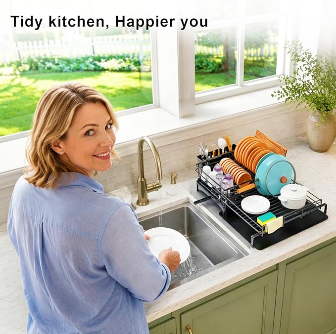 4-in-1 Extendable Dish Drying Rack, Large Capacity Modular Organizer System, Tool-Free Dish Drainer with Self-Draining Tray, Universal Fit & Rust-Resistant Dish Racks for Kitchen Counter