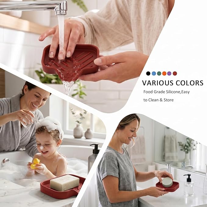 MicoYang Silicone Soap Dish with Drain Spout, Self-Draining Sink Organizer Tray for Bathroom and Kitchen, Sponges, Dispensers and Soap Holder, Non-Slip and Dishwasher Safe, Red (Compact, 4.9"×3.2")