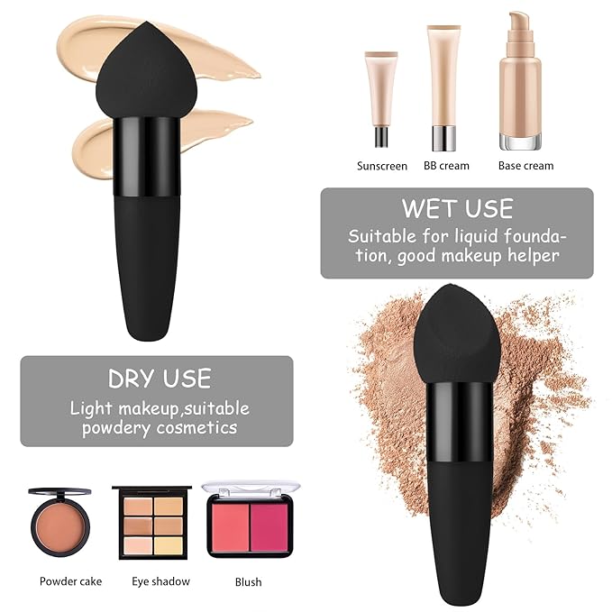 Sibba 3Pcs Mini Makeup Sponge Set Foundation Concealer Blending Puff with Angled Brush Applicator Handle, Portable Packaging for Face, Eyebrow, and Powder Application(black)